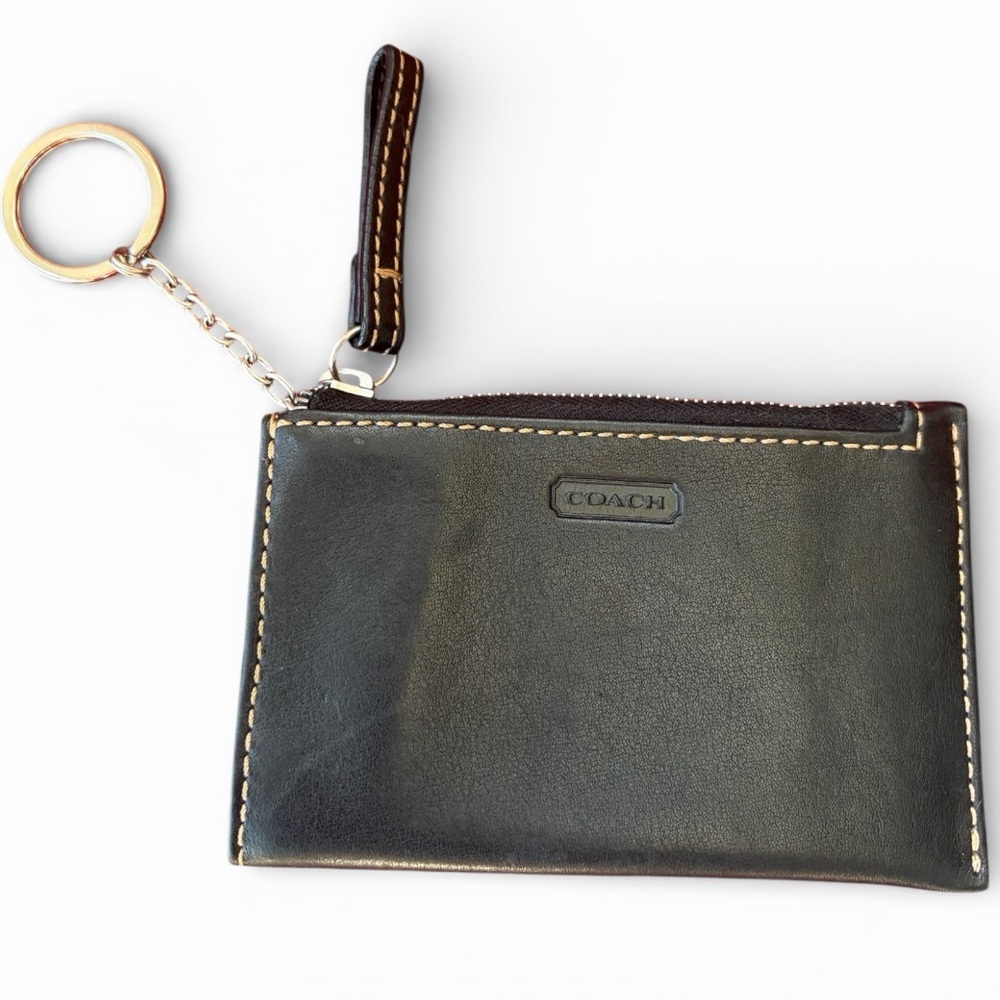 Coach Vintage Black Leather Mini Skinny Zip Card ID Case with Keychain wallet